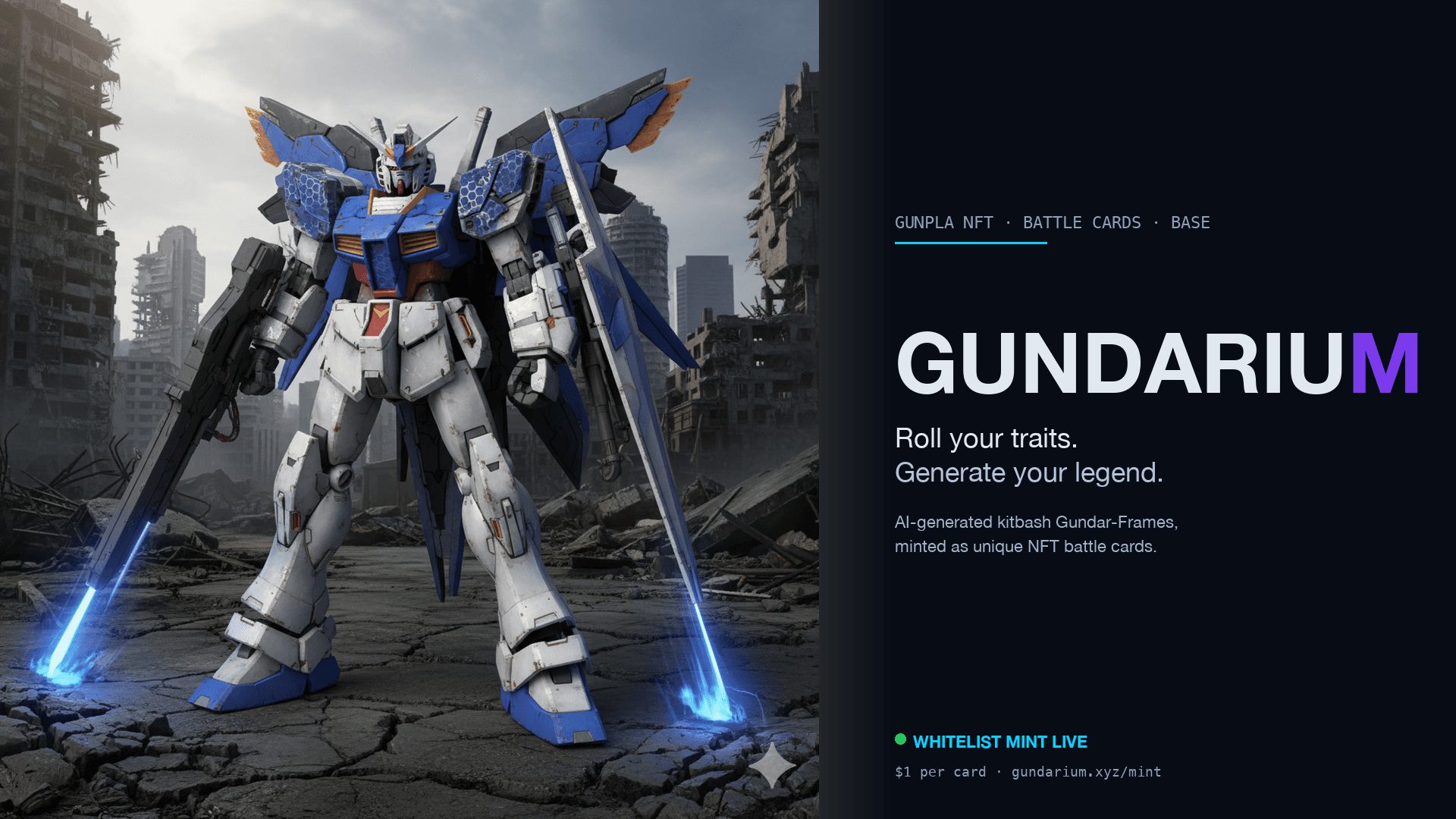 GundariuM — AI-generated kitbash mecha NFT battle cards on Base
