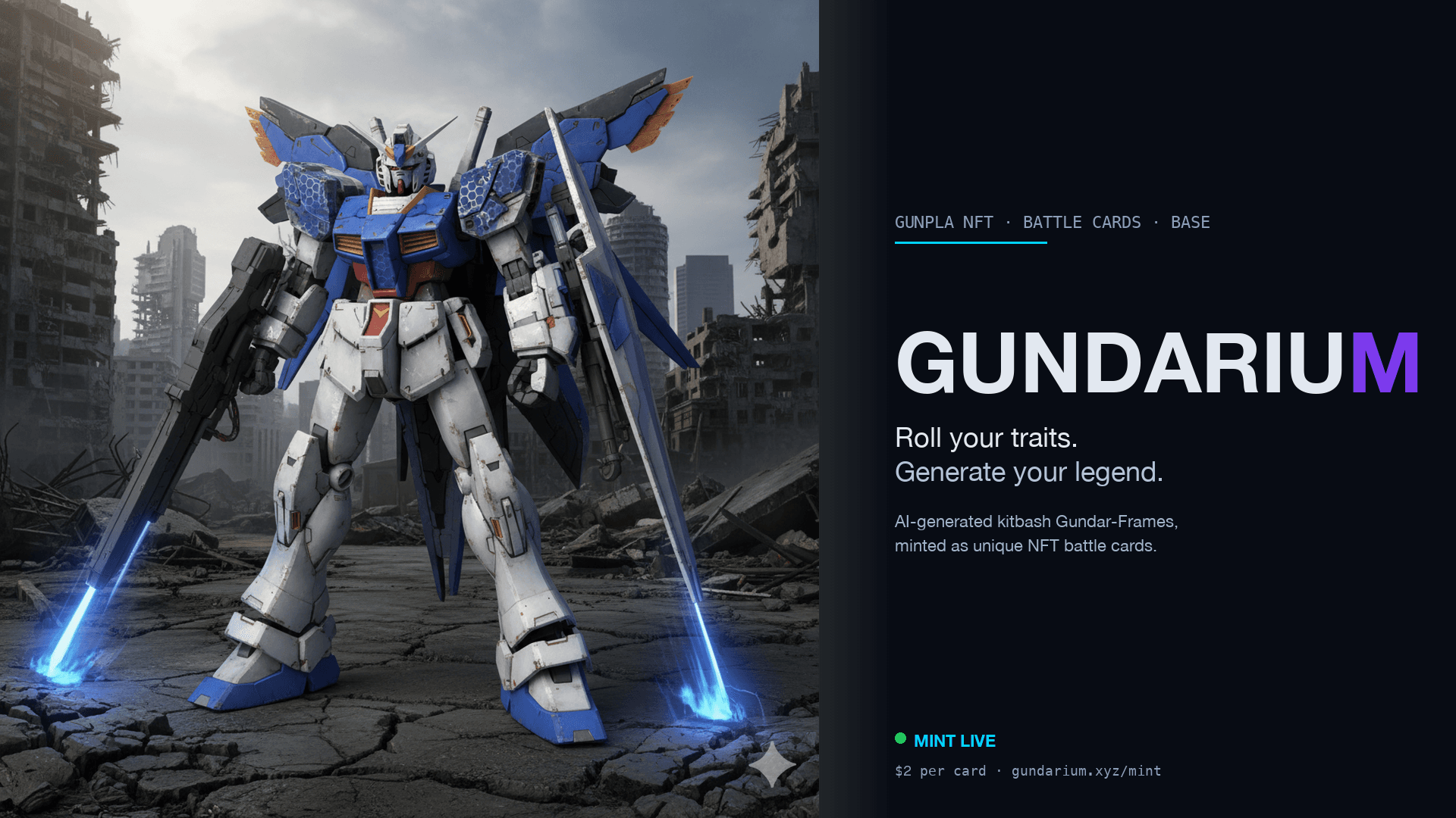 GundariuM — AI-generated kitbash mecha NFT battle cards on Base